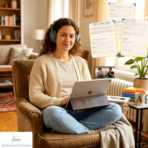 A woman is sitting on a couch practicing Spanish with youtube videos